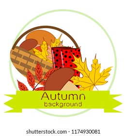 rubber boots fallen leaf basket mushroom autumnal vector background