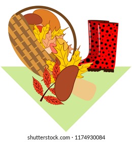 rubber boots fallen leaf basket mushroom autumnal vector background