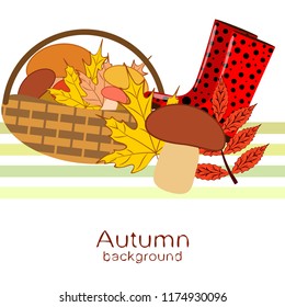 rubber boots fallen leaf basket mushroom autumnal vector background