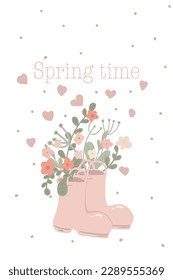 Rubber boots with flowers spring hand drawn card