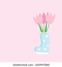 rubber boots with flowers vector illustration. snowdrops flowers bouquet for greeting cards, holidays