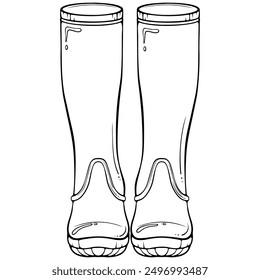 Rubber boots front view. Shoes gardening, farming, autumn rainy weather accessory. Vector illustrations in hand drawn sketch style isolated on white. Black outline graphic for print, coloring book