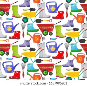 Botas de goma y herramientas de jardín: carretillas, latas de riego, palas, rastrillos - estilo caricatura, patrón sin costuras de primavera.