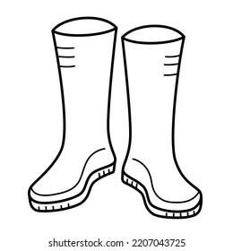 Rubber boots for gardening, hunting, fishing, doodle icon of waterproof galoshes, gumshoes, vector illustration of wellington boots, isolated outline clipart on white background