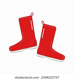 Rubber boots for gardening, hunting, fishing, doodle illustration. Rainy season. Waterproof hand-drawn galoshes. Line drawing. Vector graphics on an isolated white background.