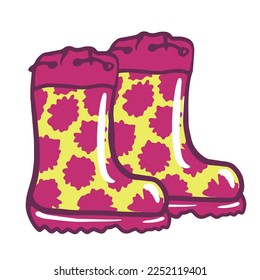 Rubber boots. Girl seasonal  spring,  fall  clothes collection. Kids outfits vector doodle illustration isolated on white background.  