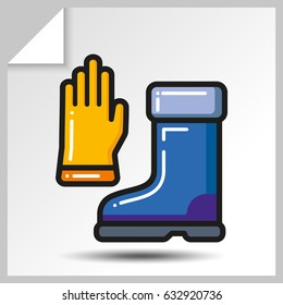 Rubber boots and gloves of garden and farm tool icon. Vector Isolated flat colorful illustration.