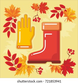 Rubber boots and gloves garden and farm tool icon with autumn leaves. Vector Isolated autumn agricultural  illustration.