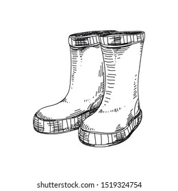 Rubber boots hand drawn vector illustration. Autumn waterproof wellington shoes. Classic rain proof boots. Sketch design element isolated on white. Galoshes, gumboots ink pen freehand drawing