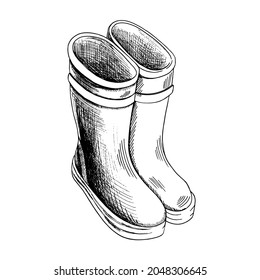 Rubber boots hand-drawn vector illustration. Autumn waterproof  boots. Classic waterproof shoes. A design sketch element  on a white background. Drawing with an ink pen. 