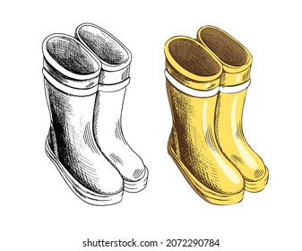 Gummistiefel, handgezeichnet, Vektorgrafik. Herbstwasserdichte Stiefel. Klassische wasserdichte Schuhe. Ein Design-Skizze-Element auf weißem Hintergrund. Zeichnen mit einem Tintenstift. 