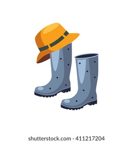 Rubber Boots And Hat Cartoon Simple Style Colorful Isolated Flat Vector Illustration On White Background