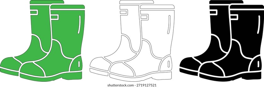 Rubber boots icon set features waterproof footwear in solid green, outline, and silhouette styles. Collection great for designs related to gardening, rain, or outdoor activities.