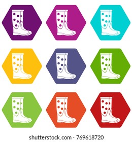 Rubber boots icon set many color hexahedron isolated on white vector illustration