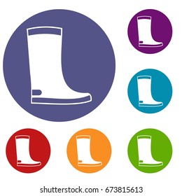 Rubber boots icons set in flat circle reb, blue and green color for web