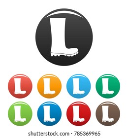 Rubber boots icons set in simple style many color circle isolated on white background