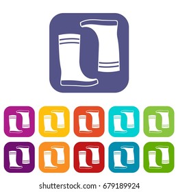 Rubber boots icons set vector illustration in flat style In colors red, blue, green and other