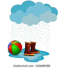 rubber boots and an inflatable ball lie in a puddle in the rain