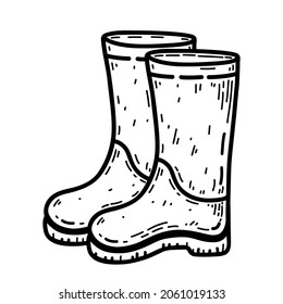Rubber boots isolated on a white background. Shoes for rainy weather and walking in the forest. Vector hand-drawn illustration in doodle style. Perfect for autumn designs, cards, logo, decorations.