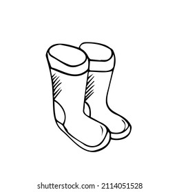 Rubber boots isolated on a white background. Autumn shoes for walking in puddles. Water-resistant boots. Boots of a gardener to work in the garden. vector illustration in the Doodle style