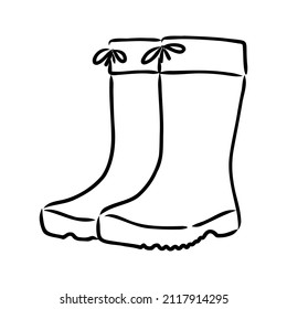 Rubber boots isolated on a white background. Autumn shoes for walking in puddles. Water-resistant boots. Boots of a gardener to work in the garden. vector illustration in the Doodle style