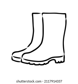 Botas de goma aisladas en un fondo blanco. Zapatos otoñales para caminar en charcos. Botas resistentes al agua. Boots de un jardinero para trabajar en el jardín. ilustración vectorial en el estilo Doodle