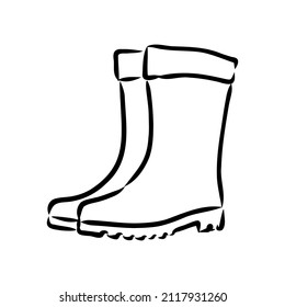 Botas de goma aisladas en un fondo blanco. Zapatos otoñales para caminar en charcos. Botas resistentes al agua. Boots de un jardinero para trabajar en el jardín. ilustración vectorial en el estilo Doodle