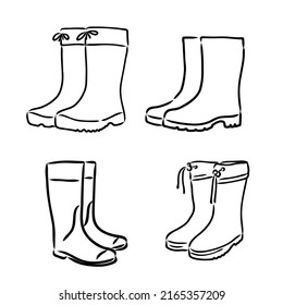 Rubber boots isolated on a white background. Autumn shoes for walking in puddles. Water-resistant boots. Boots of a gardener to work in the garden. vector illustration in the Doodle style