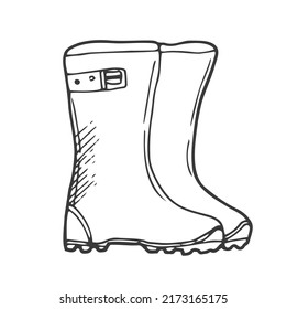 Rubber boots isolated on a white background. Autumn shoes for walking in puddles. Water-resistant boots. Boots of a gardener to work in the garden. vector illustration in the Doodle style