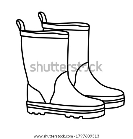 Rubber boots isolated on a white background. Autumn shoes for walking in puddles. Water-resistant boots. Boots of a gardener to work in the garden.  vector illustration in the Doodle style