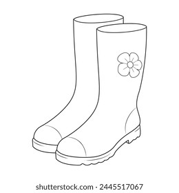 Rubber boots. Line drawing, vector graphics. Black and white Coloring page for kids and adults. Vector illustration