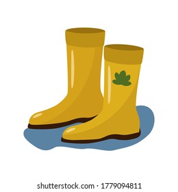 Rubber boots with maple leaves. Autumn vector illustration. In the style of a hand drawing.