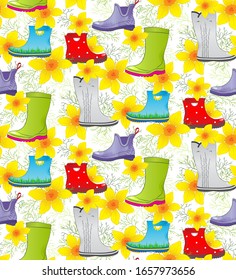 Rubber boots and narcissus flowers - spring bright seamless vector pattern.