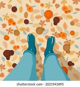 In rubber boots on an autumn background of leaves and mushrooms. Hello, Autumn. Vector illustration.