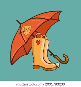 Rubber boots and an open umbrella. Vector illustration.