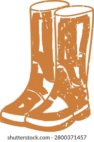 Rubber boots pair with worn texture and distressed scuff marks in rough sketch style. Symbol of countryside life, gardening, homestead comfort, and slow living charm. Cartoon vector illustration.