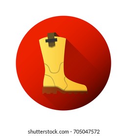 Rubber boots, protective shoes against the background of a circle. Flat color icon or object of clothing to design. Illustration with long shadow