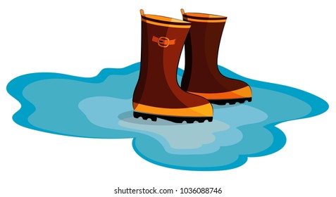 rubber boots in a puddle on a white background