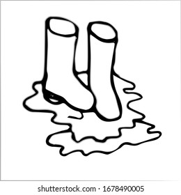 rubber boots in a puddle. outline contour picture, autumn items. vector illustration isolated white background. children  coloring.