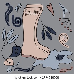 rubber boots in a puddle, sowing decorative elements, leaves, berries and curls, vector outline illustration for design and creativity