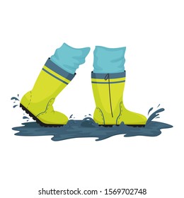 A rubber boots in the puddles. Rainy weather. Vector illustration.