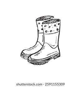 Rubber boots for rain protection. Garden shoes, equipment. Black brush stroke texture isolated on white. Hand drawn vector sketch illustration in vintage charcoal ink. Spring fashion