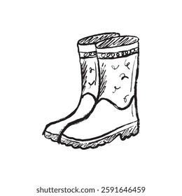 Rubber boots for rain protection. Garden shoes, equipment. Black brush stroke texture isolated on white. Hand drawn vector sketch illustration in vintage charcoal ink. Spring fashion