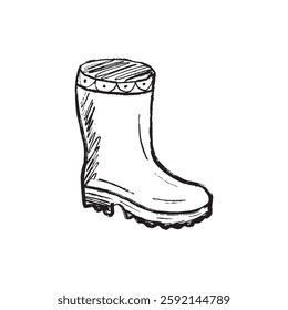 Rubber boots for rain protection. Garden shoes, equipment. Black brush stroke texture isolated on white. Hand drawn vector sketch illustration in vintage charcoal ink. Spring fashion