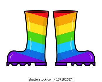 Rubber boots in rainbow color. Vector illustration isolated on white, background. Cartoon rain footwear in lgbt pride colors. Symbol of homosexuality acceptance. Eps 10 icon.