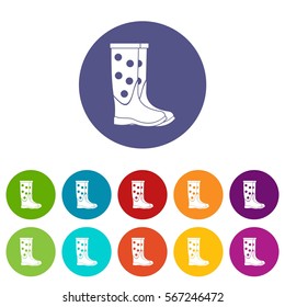 Rubber boots set icons in different colors isolated on white background