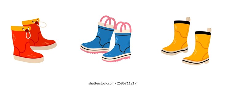 Rubber boots set isolated on white background. Vector illustration in cartoon style.