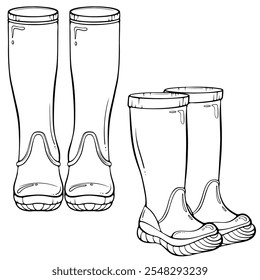 Rubber boots set. Shoes gardening, autumn rainy weather accessory. Two pairs of boots. Vector illustrations in hand drawn sketch style isolated on white. Black outline graphic for print, coloring book