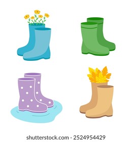 Rubber boots set. Vector illustration different shoes with polka dots, with flowers, leaves and plants. Autumn drawing of rubber boots and puddle