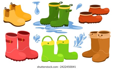 Botas de goma puestas. Protección del agua, zapatos impermeables. Jardinería, otoño, primavera. Ilustración vectorial dibujada a mano aislada en blanco